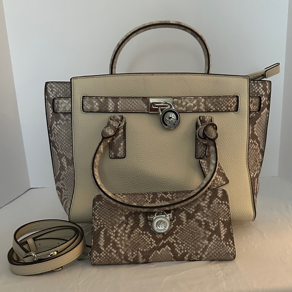 EUC Michael Kors Tan and Brown Satchel with Snakeskin Detail and Matching Wallet